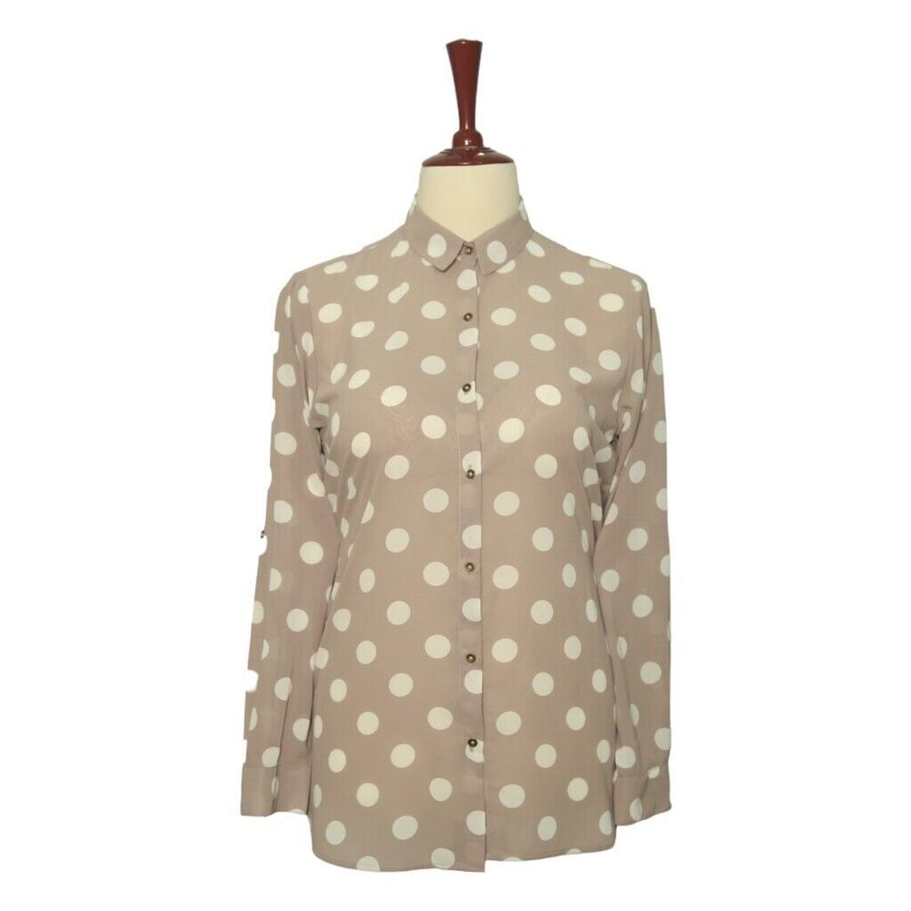 Womens Silky Shirt Button Up Beige Polka Dot Red Retro Casual Beach Tunic Medium